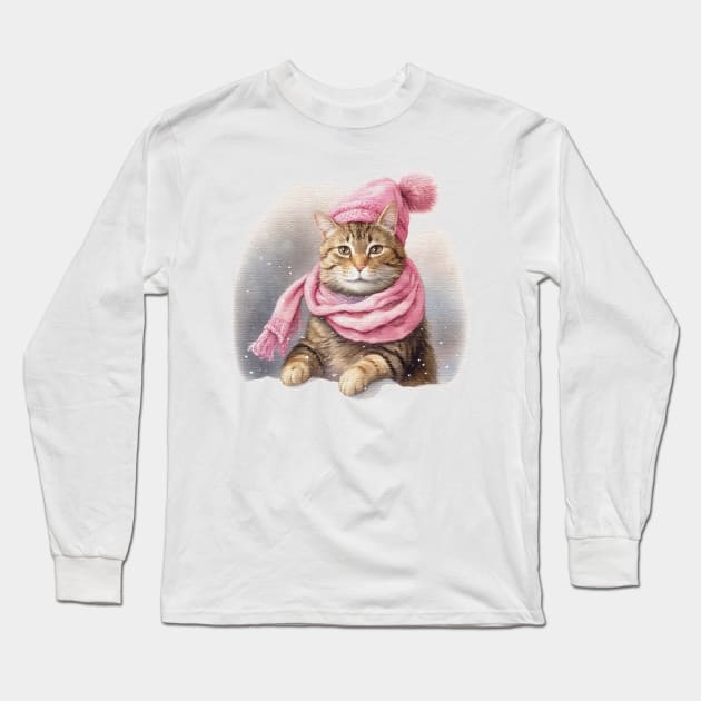 Adorable cute Cat wearing a pink hat and scarf Long Sleeve T-Shirt by JnS Merch Store